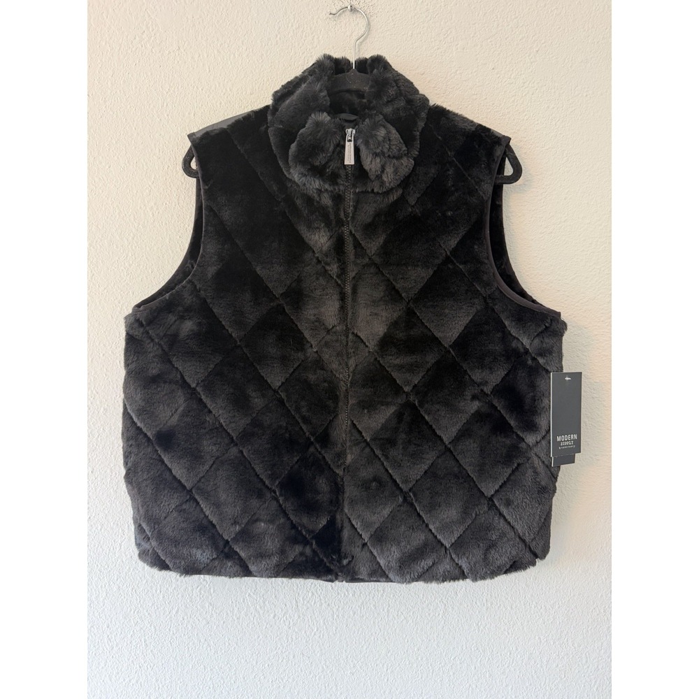 Modern Supply By Sanctuary Womens Faux Fur Black Vest Size Large Quilted Zip